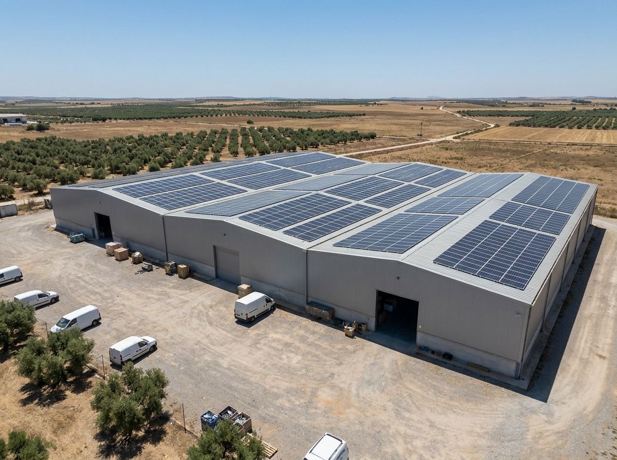 Nave industrial con la cubierta llena de placas solares en el campo sevillano